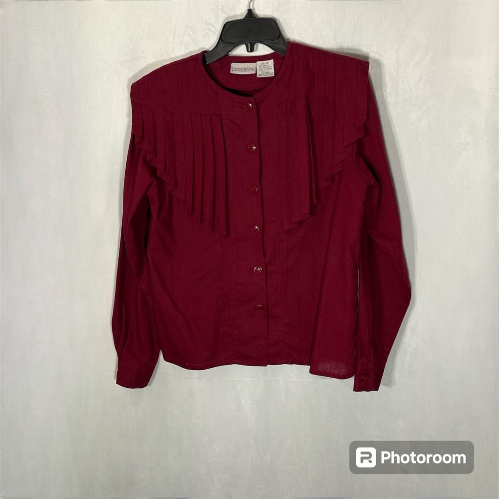 Peddlers Red long sleeve blouse with button up front and‎ pleated detailing